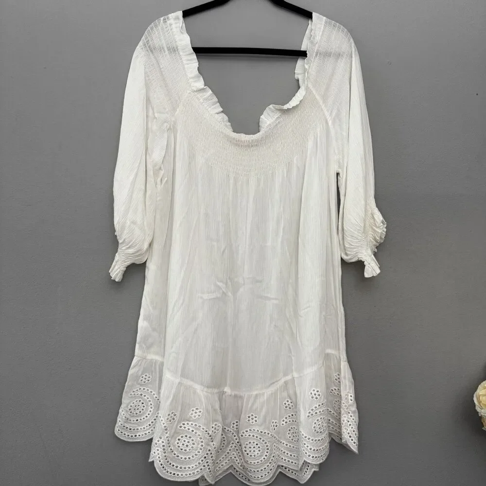 Tory Burch Embroidered Eyelet Scallop Hem Peasant Tunic/Cover Up Dress White M
